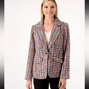 Dennis by Dennis Basso Tweed Wool Blazer Jacket Ivory Multicolor Rainbow Size 2